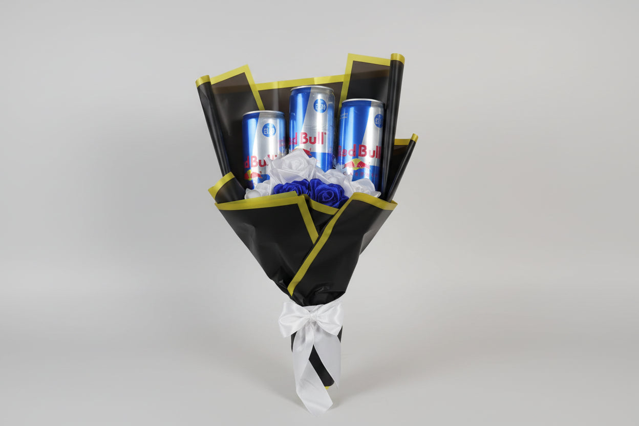 Red Bull Energy Drink Bouquet - Blue & White Roses