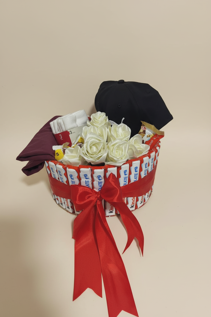 Kinder chocolate bouquet with white ribbon roses and red ribbon bow