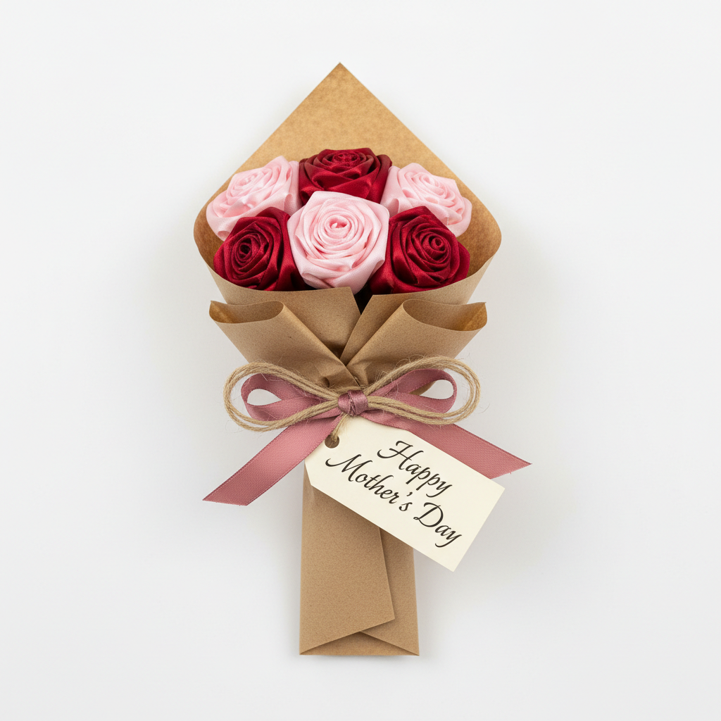 Mother's Day handcrafted ribbon roses bouquet wrapped in kraft paper with Happy Mother's Day tag