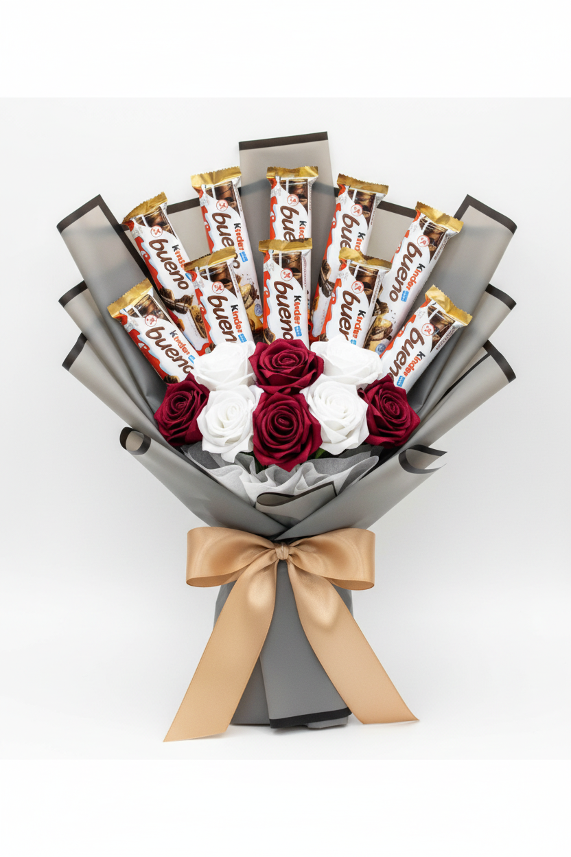 Kinder Bueno Bouquet with Grey and Gold Wrapping
