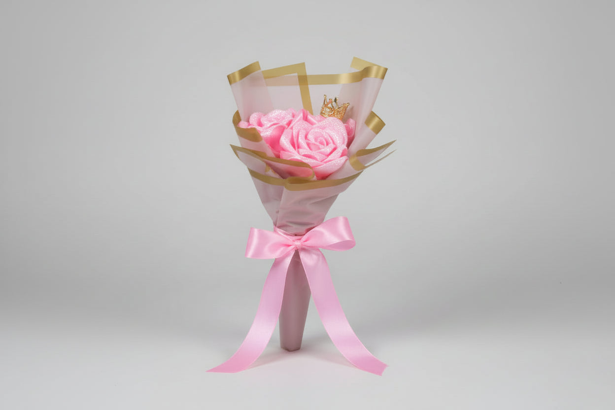 Pink Glitter Ribbon Bouquet with Crown